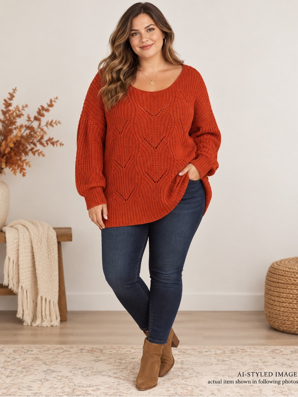 Rust Orange Open Knit Pointelle Sweater 2XL